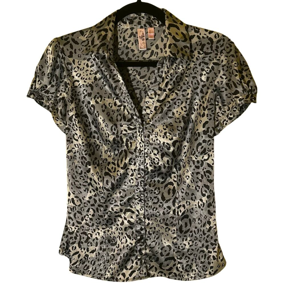 VTG FANG Cheetah Animal Print Satin Blouse Puff Sleeve Mob Wife Office Siren M